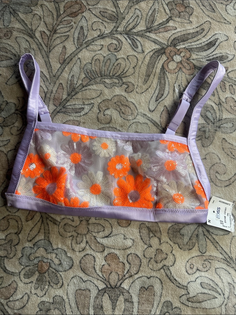 Aerie size small Floral Sequin Bralette - Lavender with Orange Flowers
